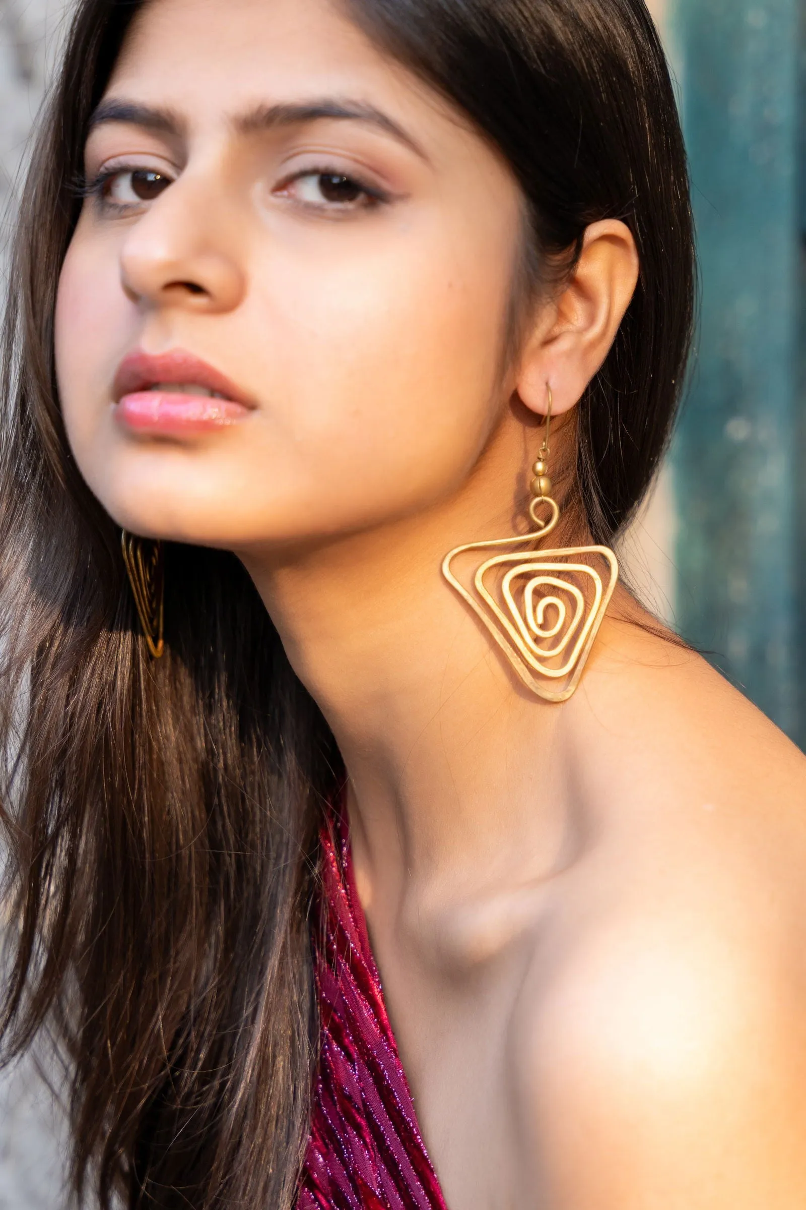 Artisanal Handcrafted Dokra Brass Triangular Spiral Earrings with Intricate Design and Craftsmanship