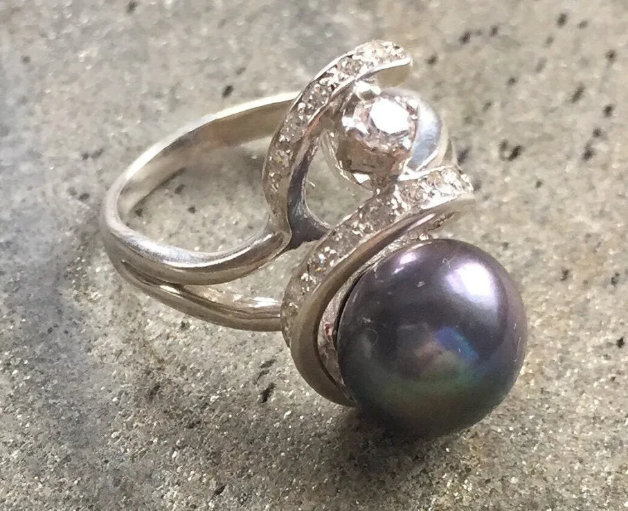 Artistic Black Pearl Ring - Genuine Black Pearl Ring - Statement Black Pearl Ring