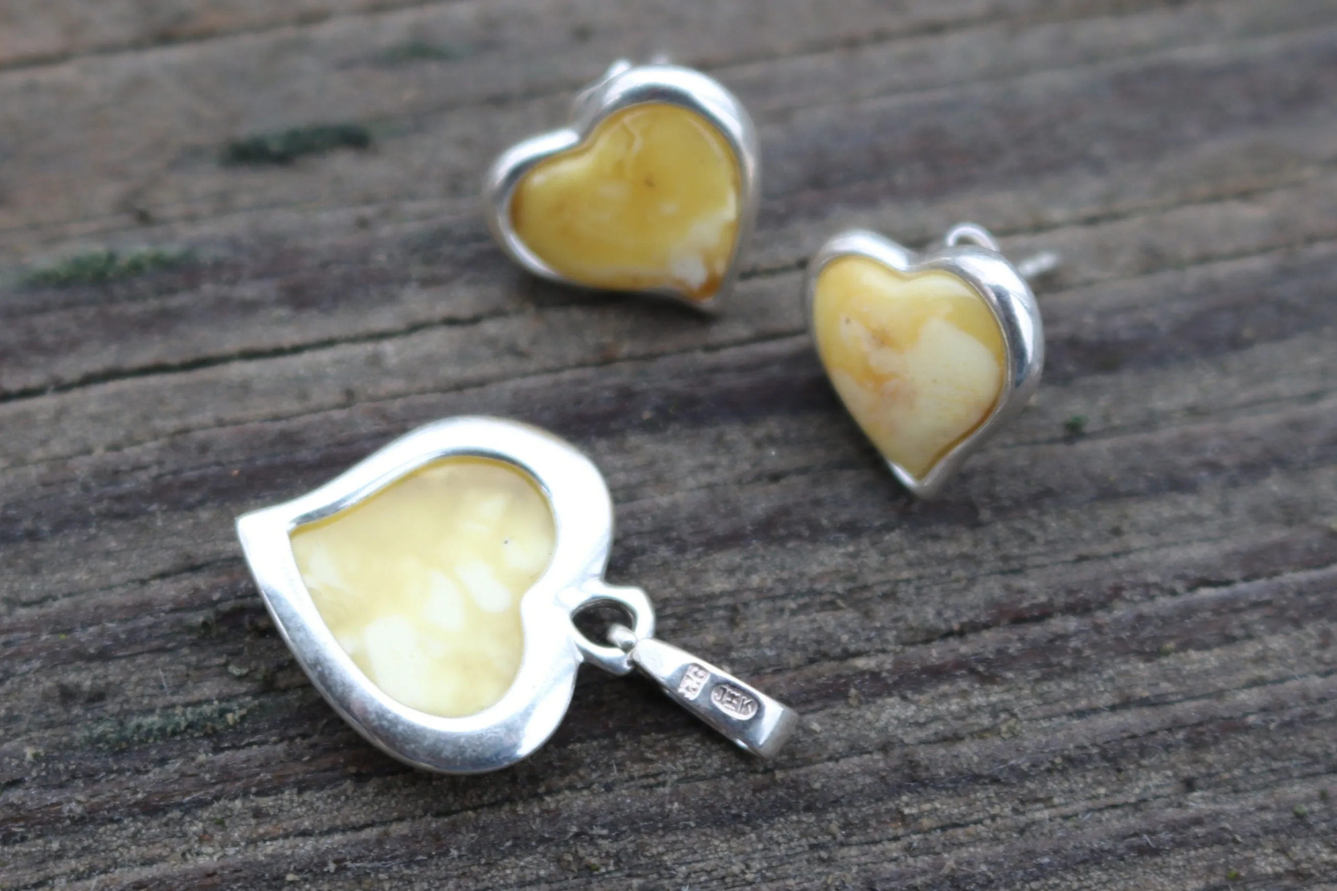 Baltic Amber Butterscotch Jewelry Set Heart Pendant and Earrings Natural 925 Silver