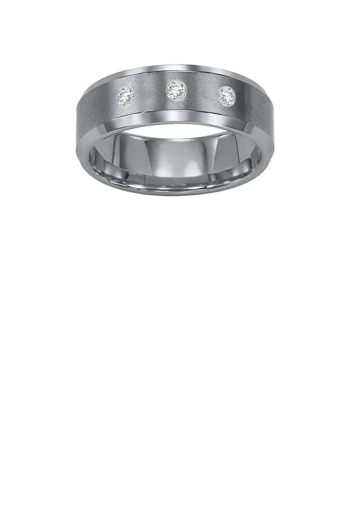 BARON Flat Beveled Tungsten Ring with Brushed Center & 3 White Diamonds by Triton Rings - 8mm