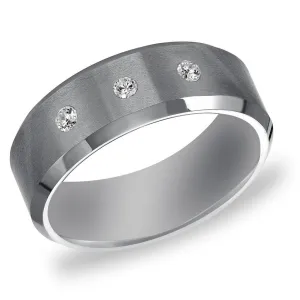 BARON Flat Beveled Tungsten Ring with Brushed Center & 3 White Diamonds by Triton Rings - 8mm