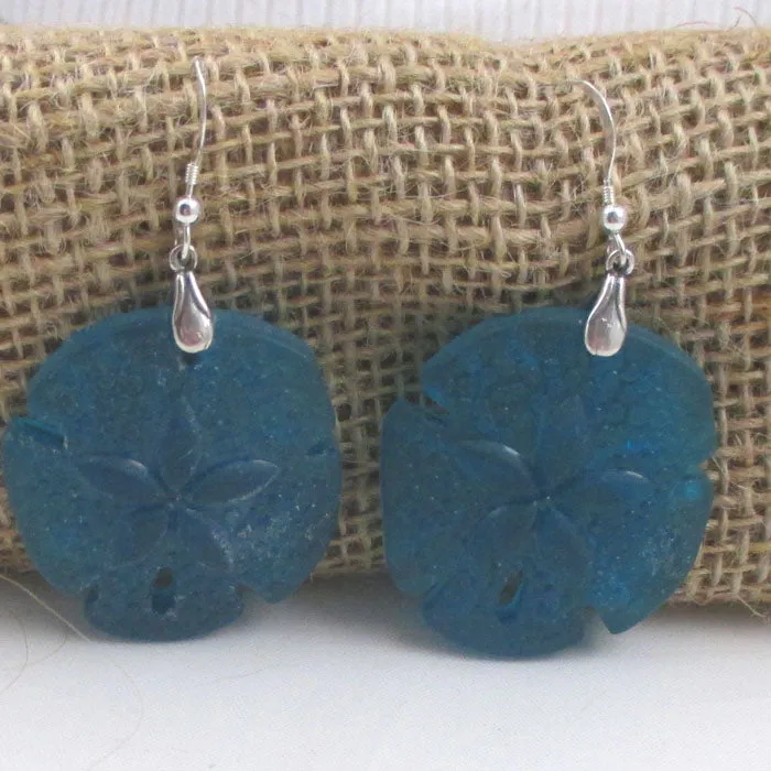 Big Turquoise Sand Dollar Sea Glass Drop Earrings