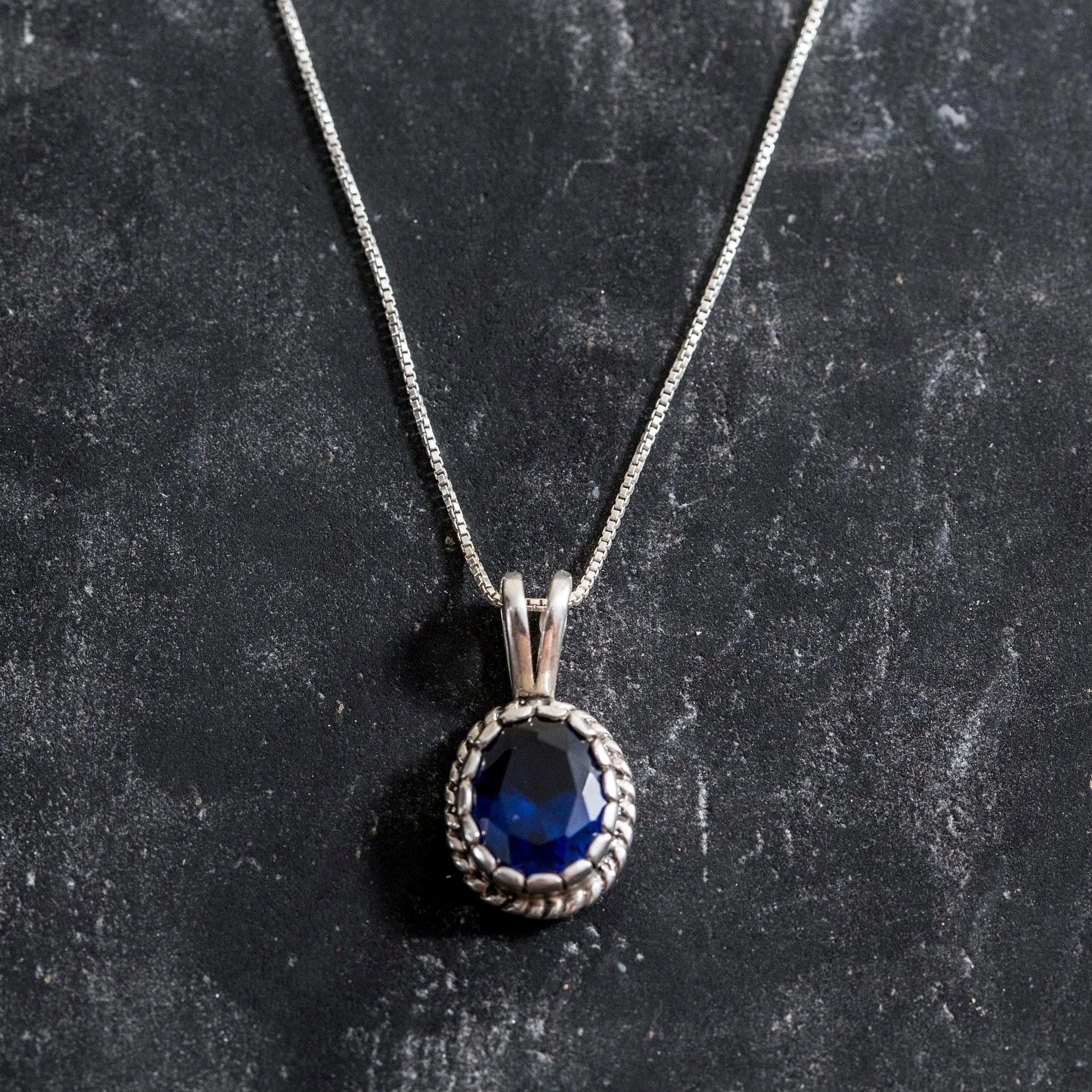 Blue Sapphire Pendant - Blue Oval Necklace, Silver Vintage Pendant