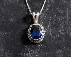 Blue Sapphire Pendant - Blue Oval Necklace, Silver Vintage Pendant