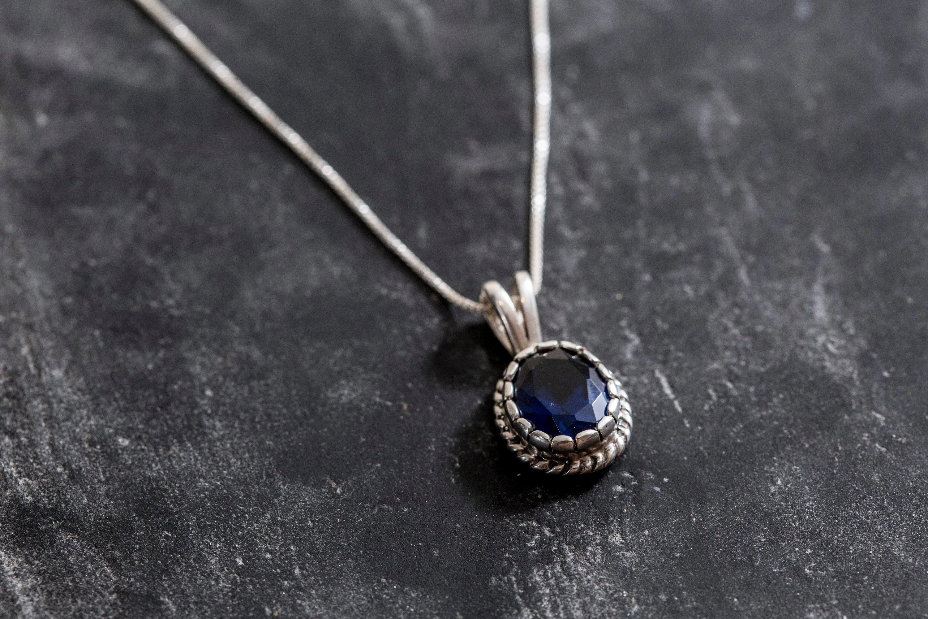 Blue Sapphire Pendant - Blue Oval Necklace, Silver Vintage Pendant