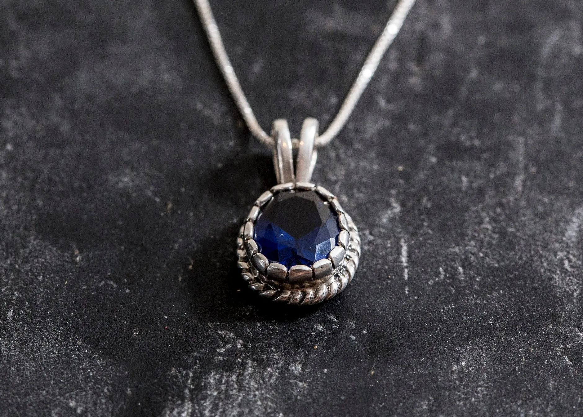 Blue Sapphire Pendant - Blue Oval Necklace, Silver Vintage Pendant