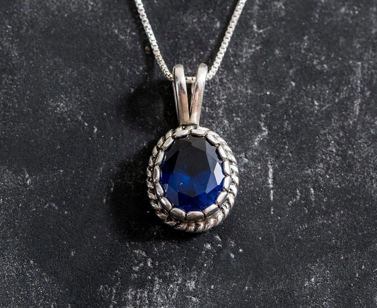 Blue Sapphire Pendant - Blue Oval Necklace, Silver Vintage Pendant