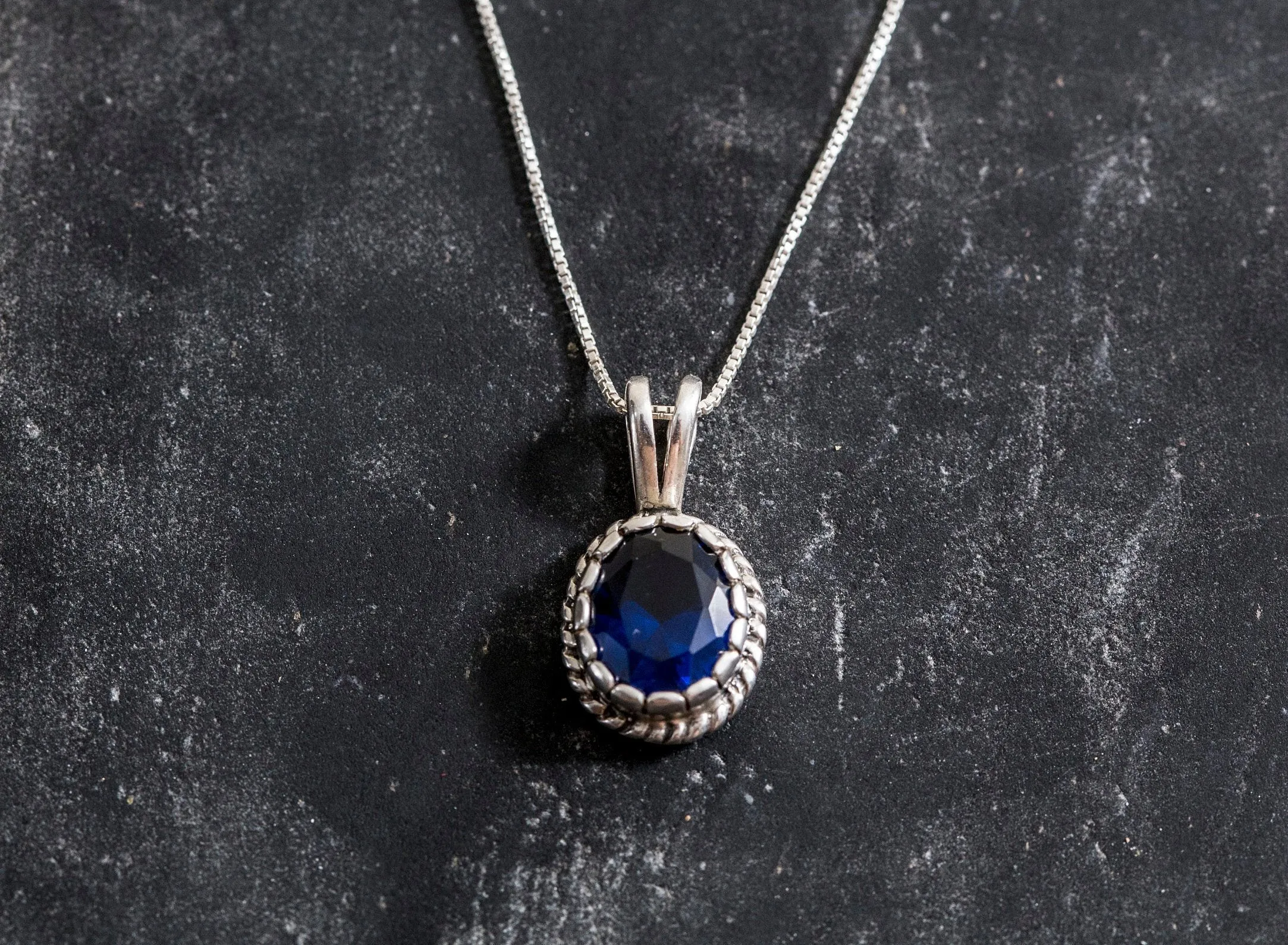 Blue Sapphire Pendant - Blue Oval Necklace, Silver Vintage Pendant