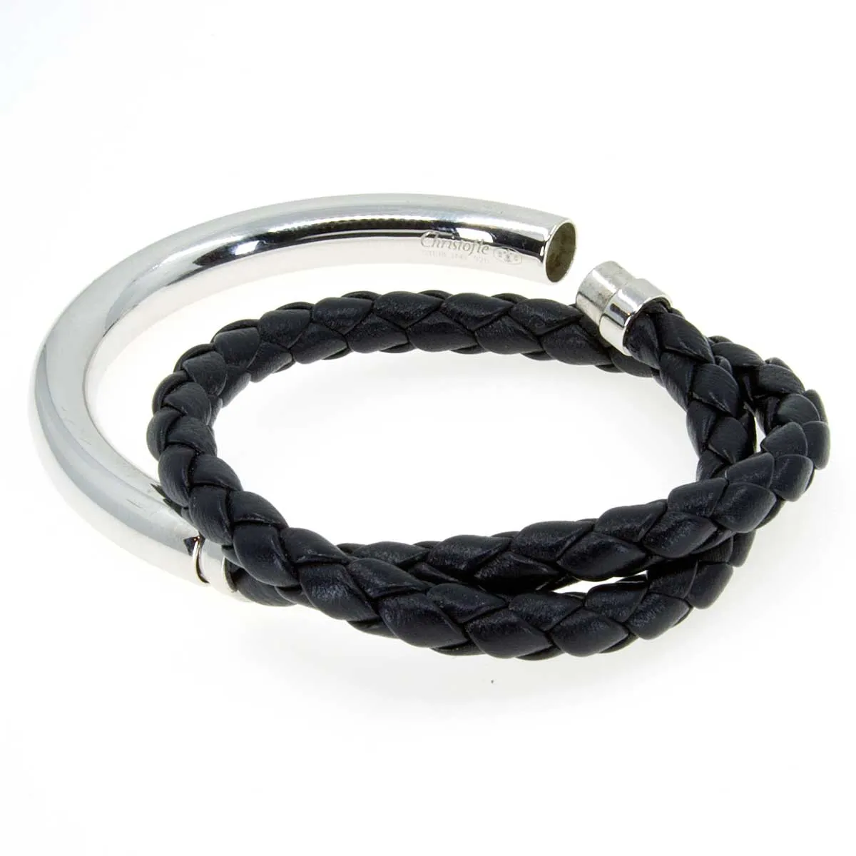 Christofle Duo Complice Bracelet in Silver & Black Leather