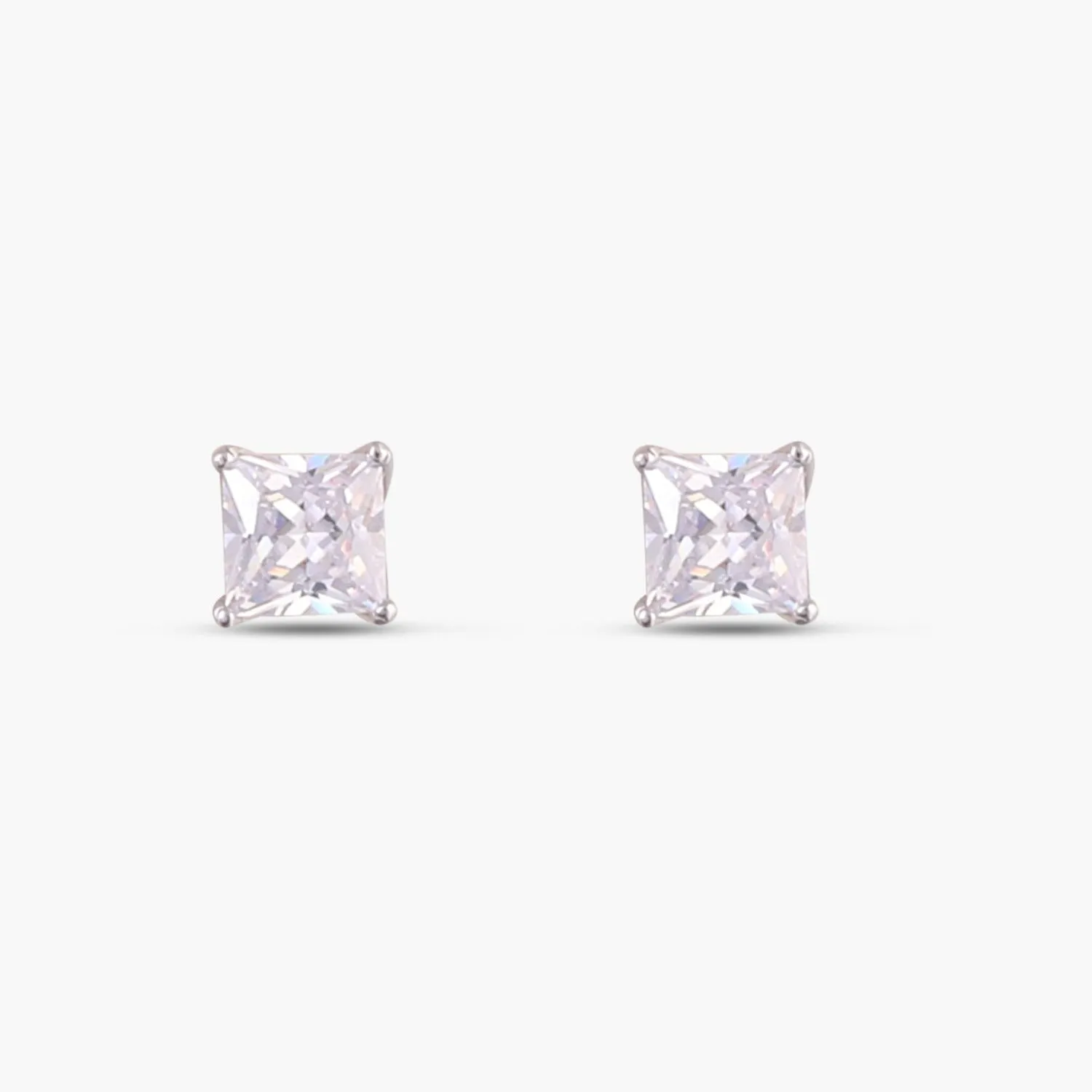 Classic Princess Cut CZ  Solitaire Silver Stud Earrings, Medium