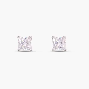 Classic Princess Cut CZ  Solitaire Silver Stud Earrings, Medium