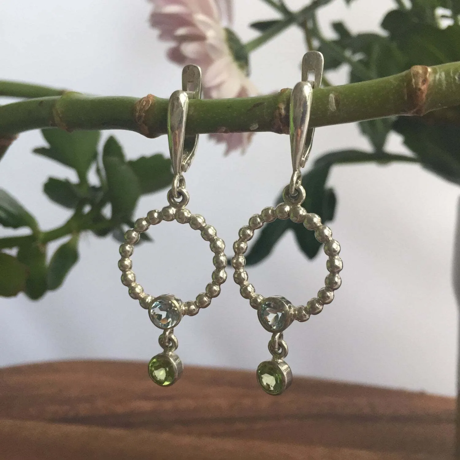 Dangling Hoop Earrings - Blue Topaz Earrings - Natural Peridot Earrings