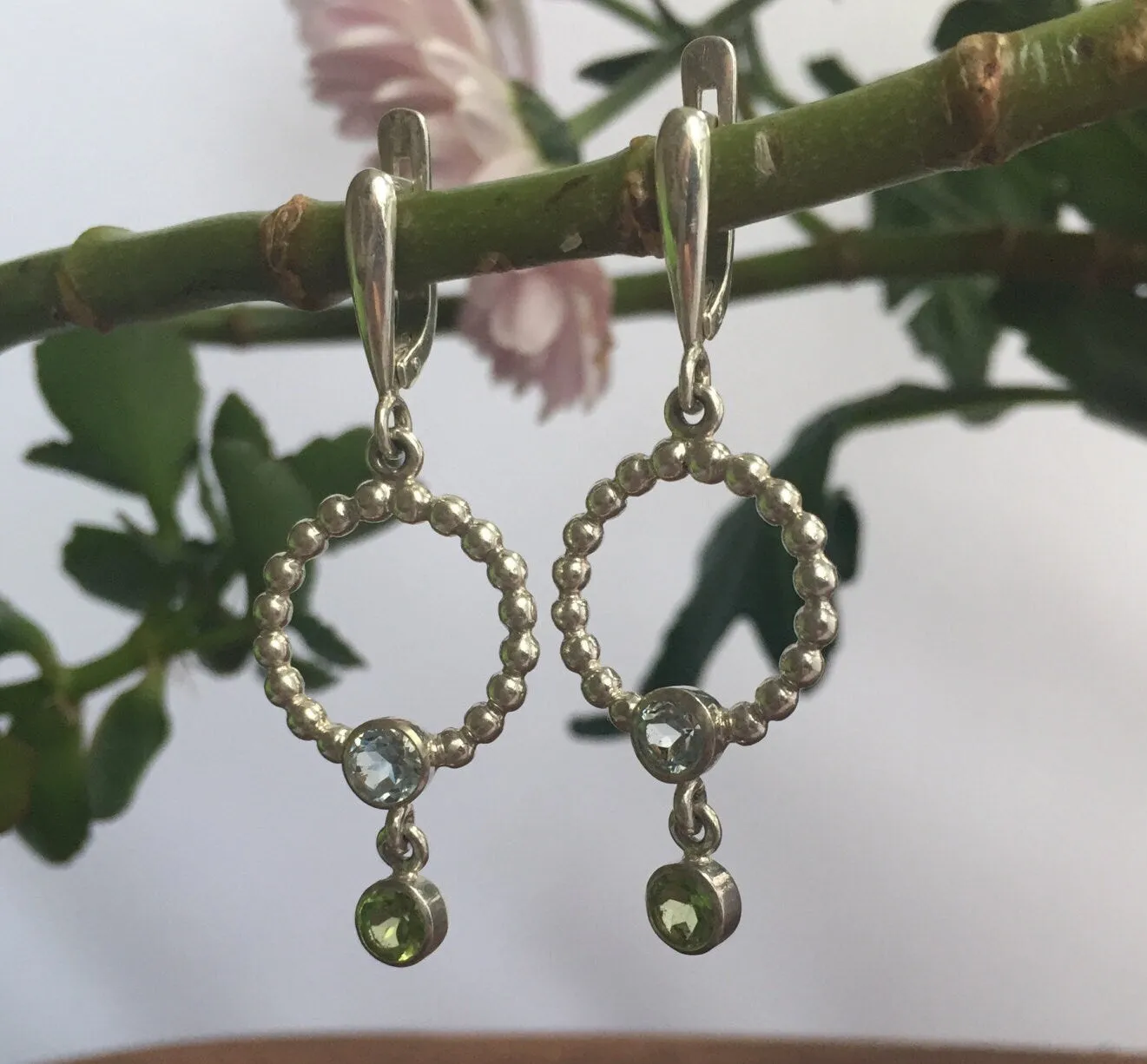 Dangling Hoop Earrings - Blue Topaz Earrings - Natural Peridot Earrings