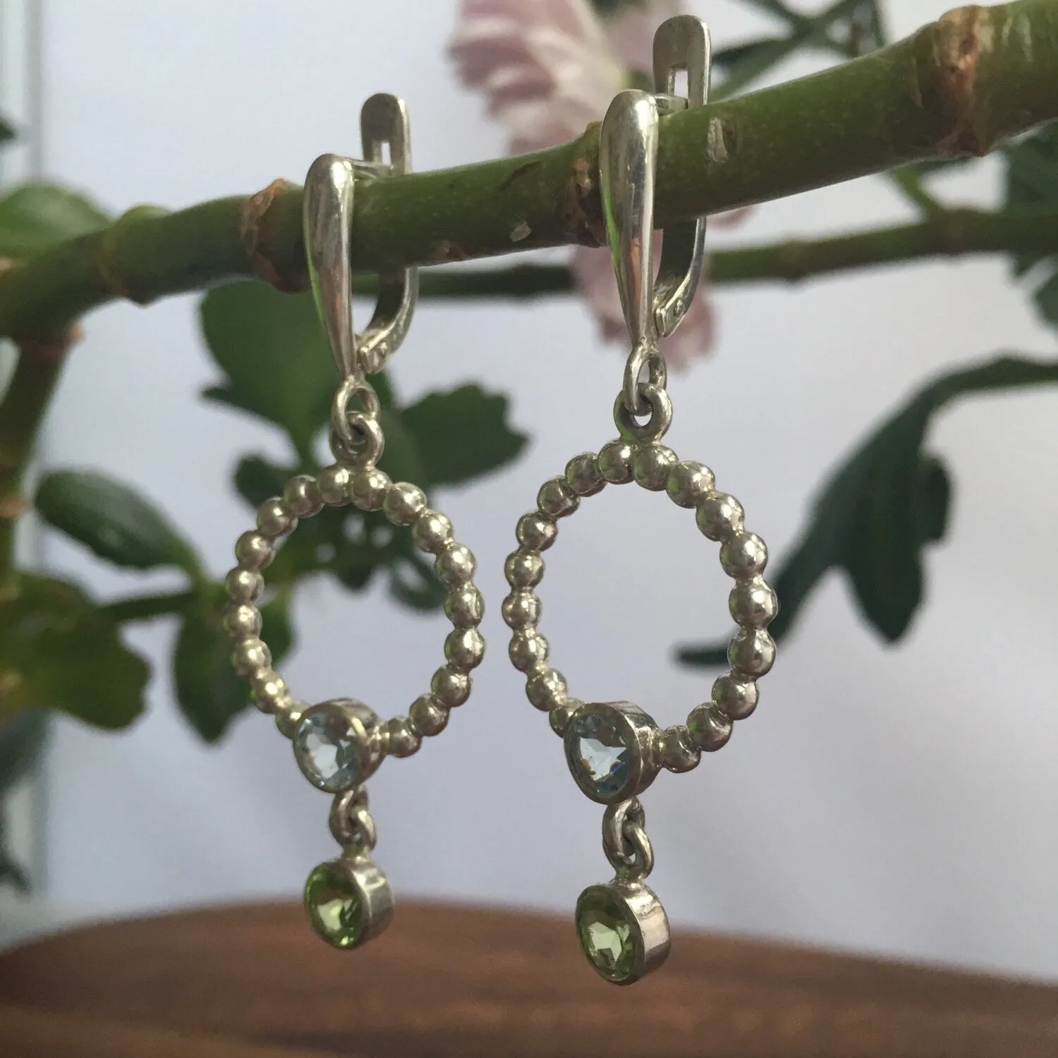 Dangling Hoop Earrings - Blue Topaz Earrings - Natural Peridot Earrings