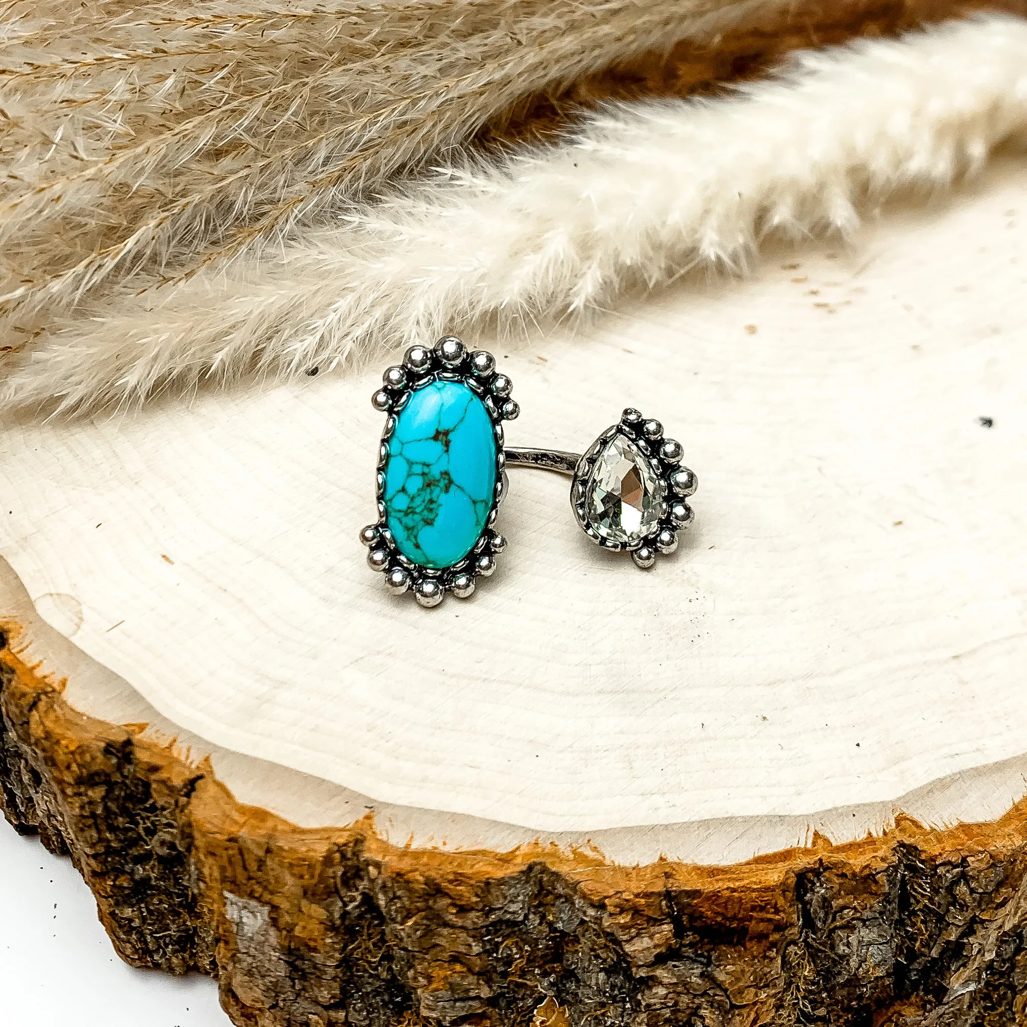 Duo Finger Ring With Turquoise Blue Stone and Clear Crystal