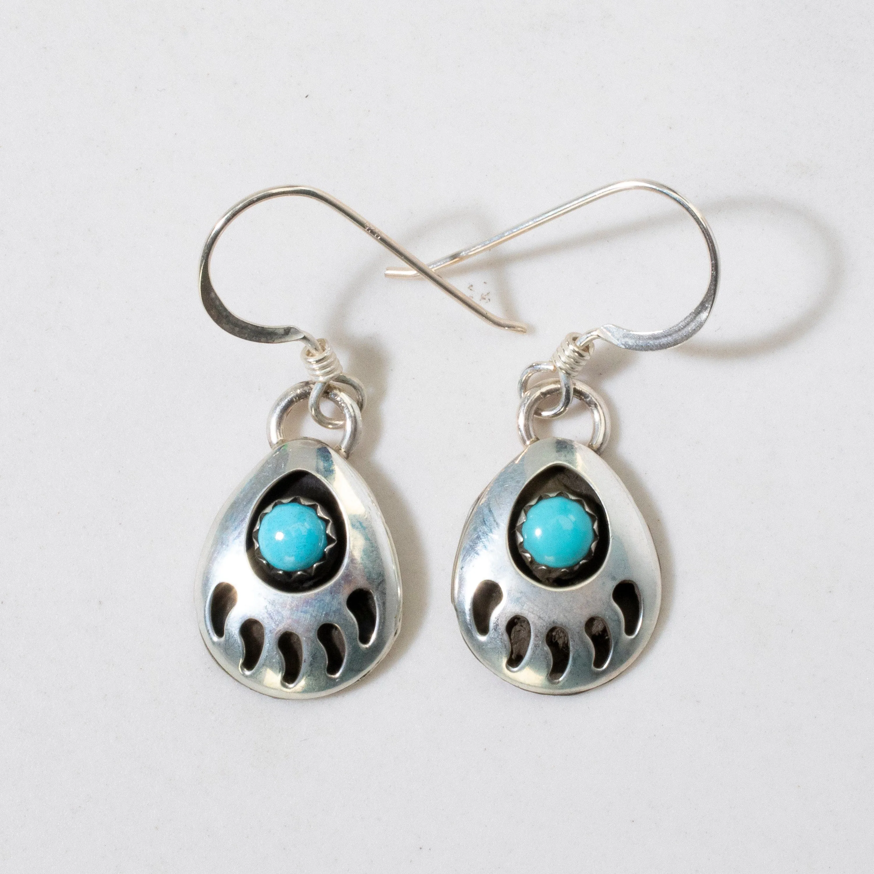 Esther White Navajo Bear Claw with Turquoise USA Native American Made 925 Sterling Silver Earrings with French Hook