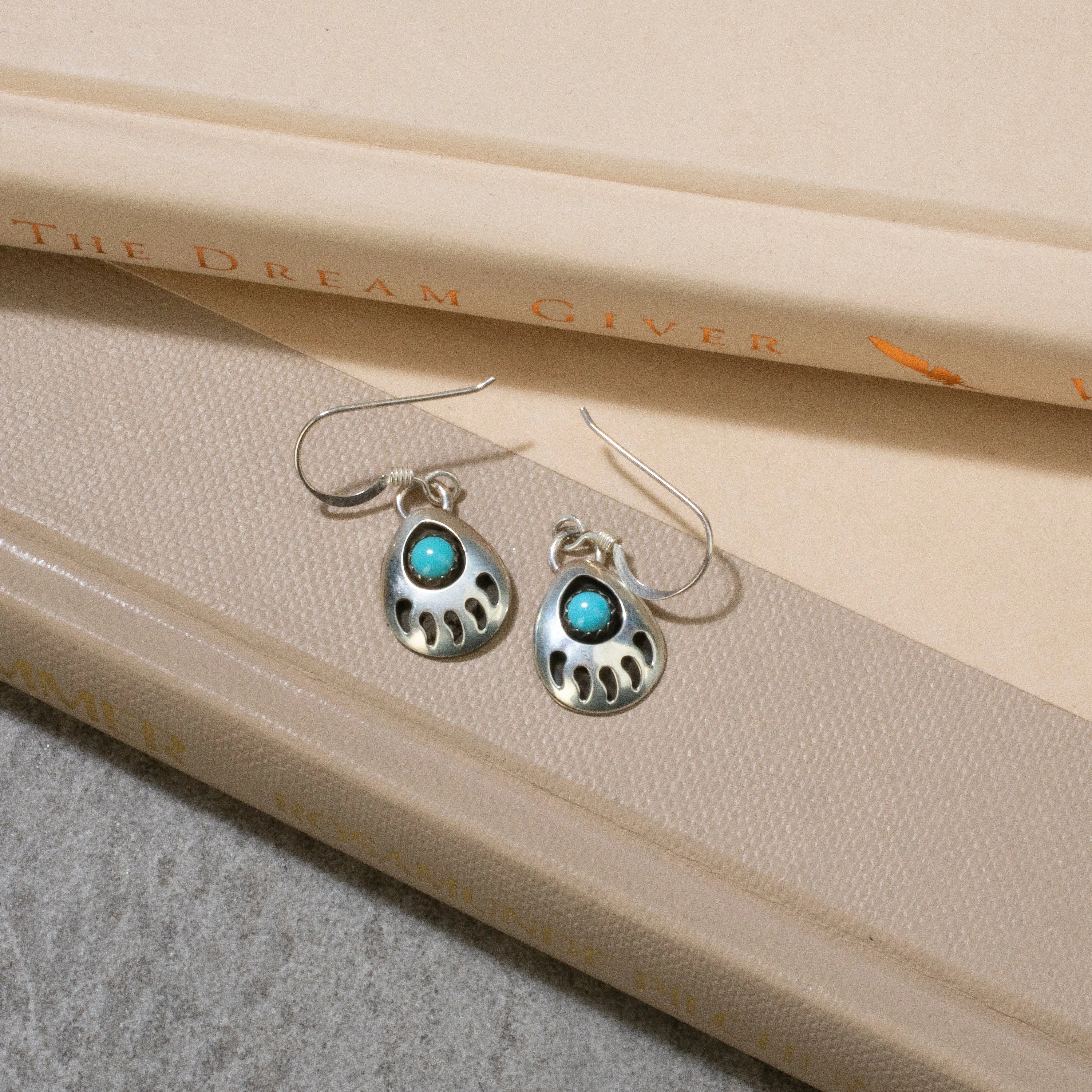 Esther White Navajo Bear Claw with Turquoise USA Native American Made 925 Sterling Silver Earrings with French Hook