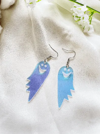 Funny ghost earrings | fun retro party earrings | colourful clear iridescent dangle earrings | hologram fun earrings | halloween party