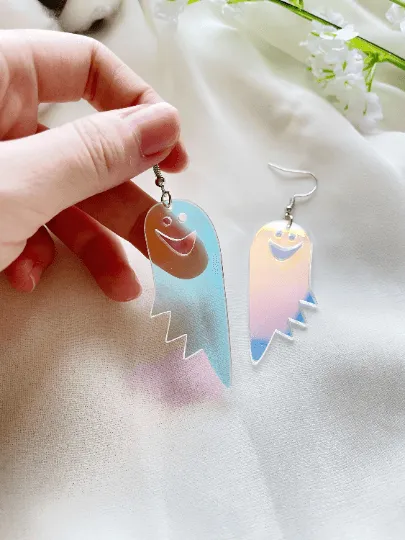 Funny ghost earrings | fun retro party earrings | colourful clear iridescent dangle earrings | hologram fun earrings | halloween party