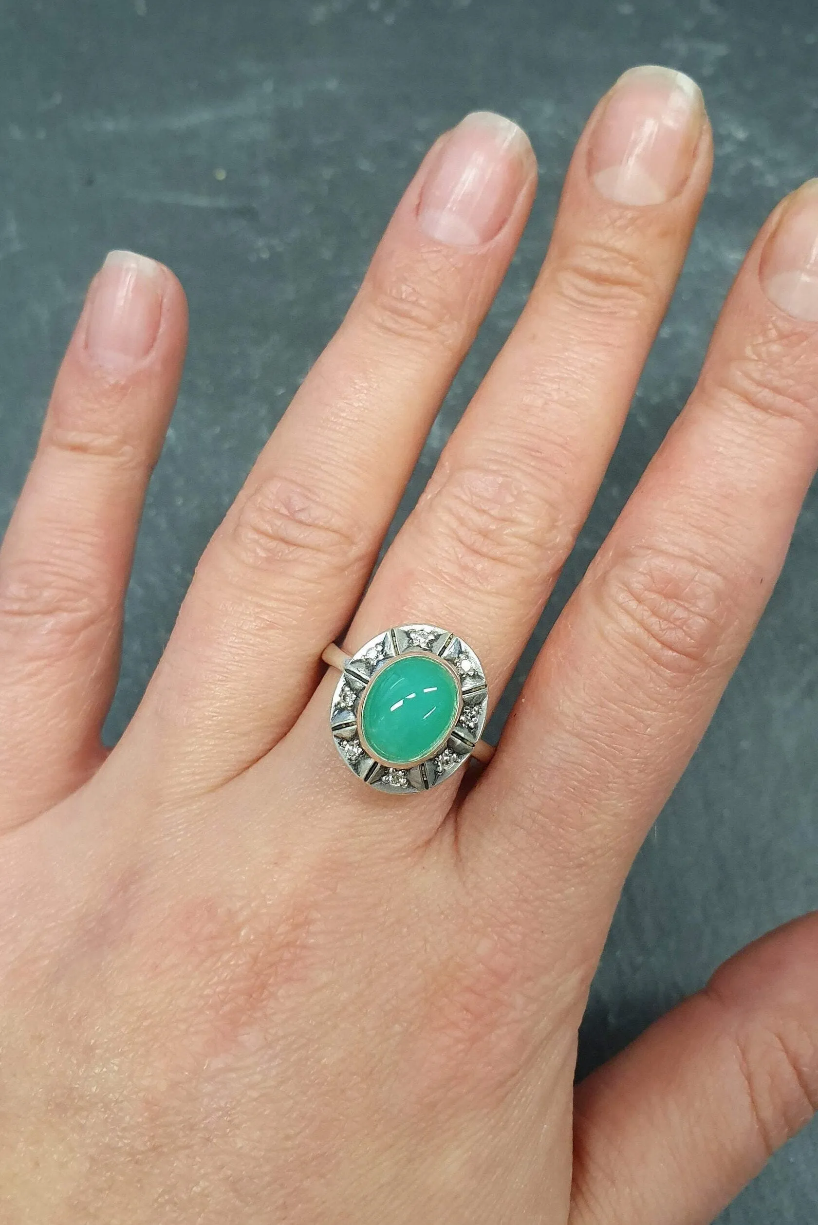 Genuine Chrysoprase Ring - Green Statement Ring - Vintage Oval Ring