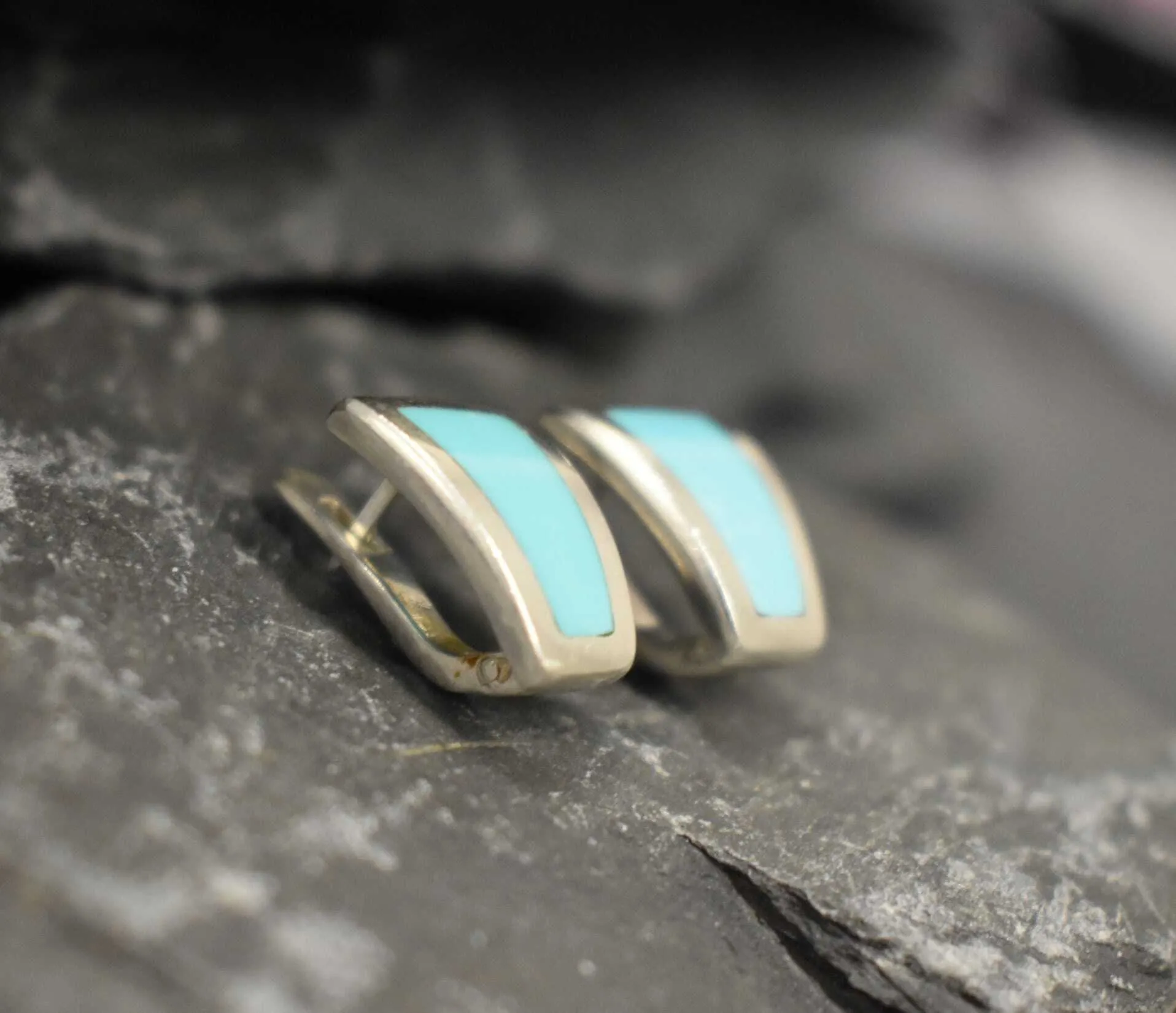 Genuine Turquoise Earrings - Flat Blue Earrings - Smooth Trapezoid Earrings