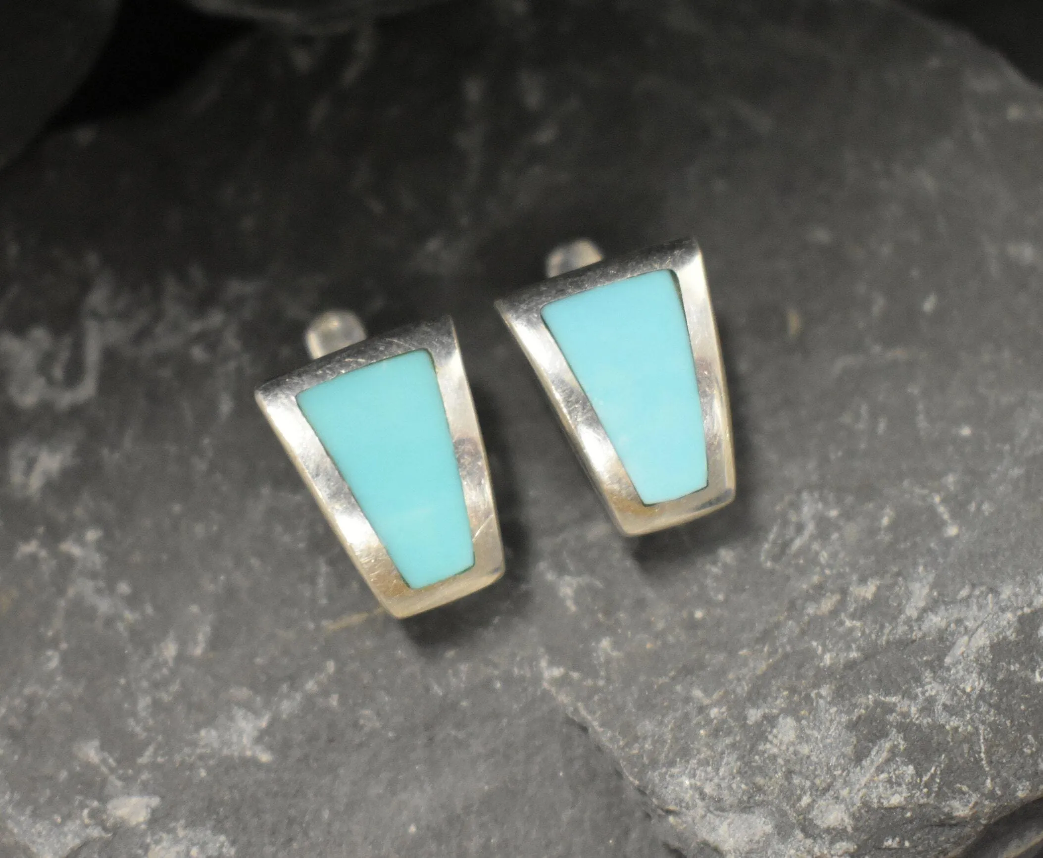 Genuine Turquoise Earrings - Flat Blue Earrings - Smooth Trapezoid Earrings