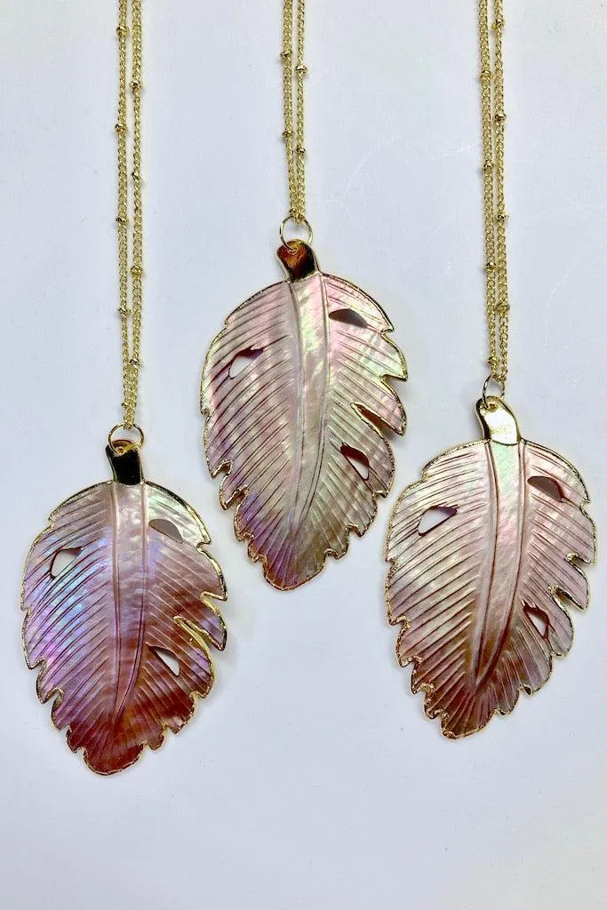 Giant Carved Pink Shell Leaf Necklace