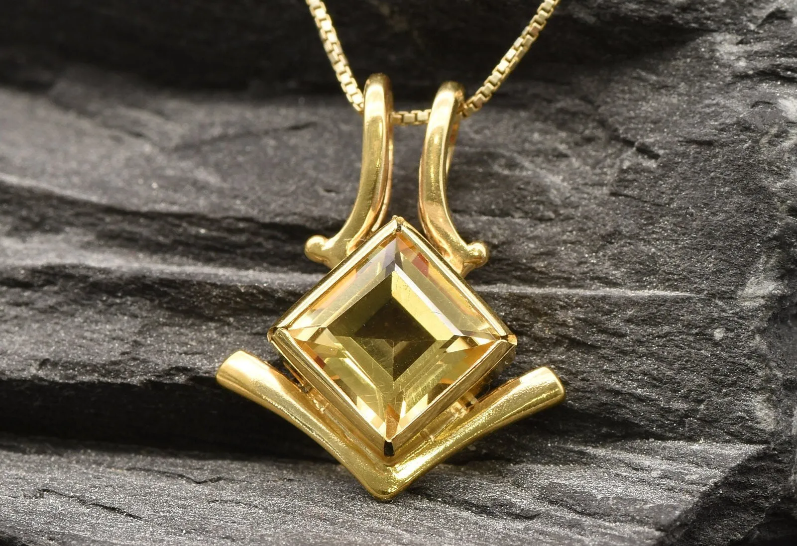 Gold Citrine Pendant - Natural Citrine Necklace, Princess Cut Gold Pendant