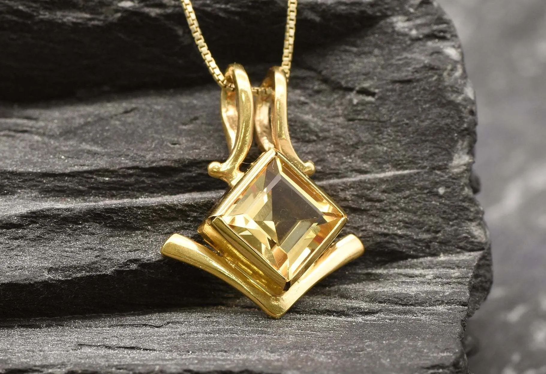 Gold Citrine Pendant - Natural Citrine Necklace, Princess Cut Gold Pendant