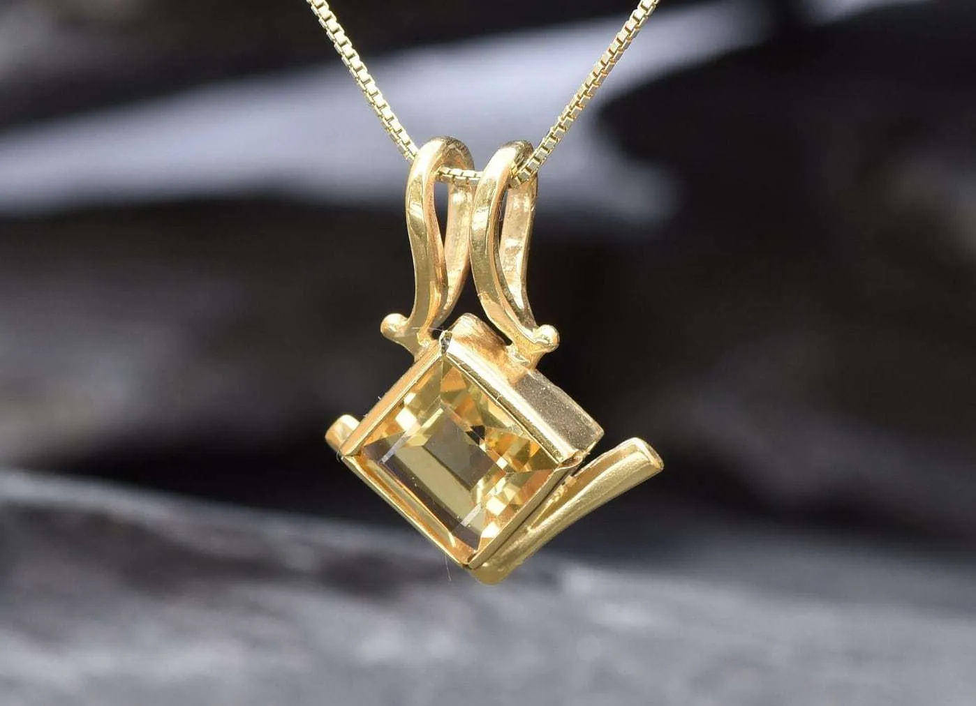 Gold Citrine Pendant - Natural Citrine Necklace, Princess Cut Gold Pendant