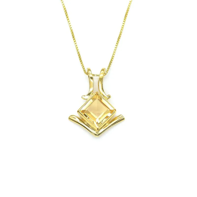 Gold Citrine Pendant - Natural Citrine Necklace, Princess Cut Gold Pendant