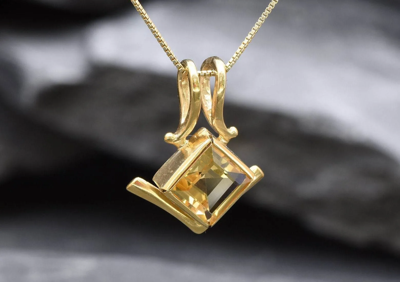 Gold Citrine Pendant - Natural Citrine Necklace, Princess Cut Gold Pendant