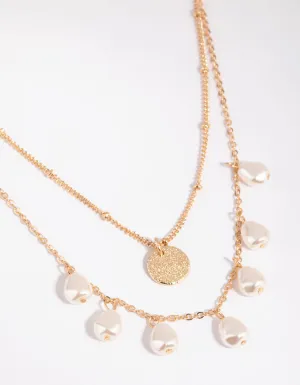 Gold Pearl Droplet Layered Necklace