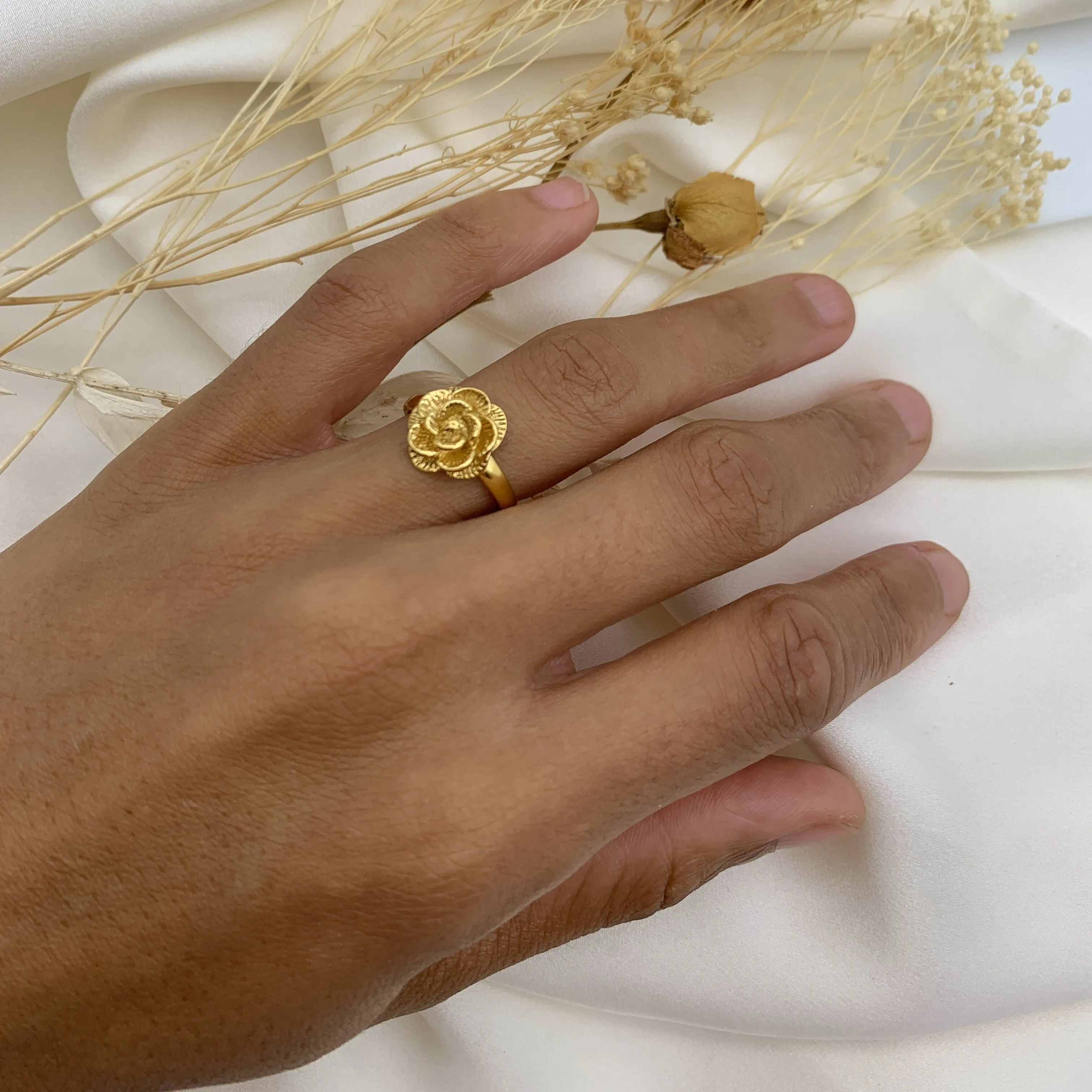 Gold Vintage Flower Ring, Rose Flower Gold Ring, Flower Antique Ring