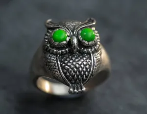 Green-Eyed Owl Ring - Genuine Turquoise Ring - Large Owl Ring