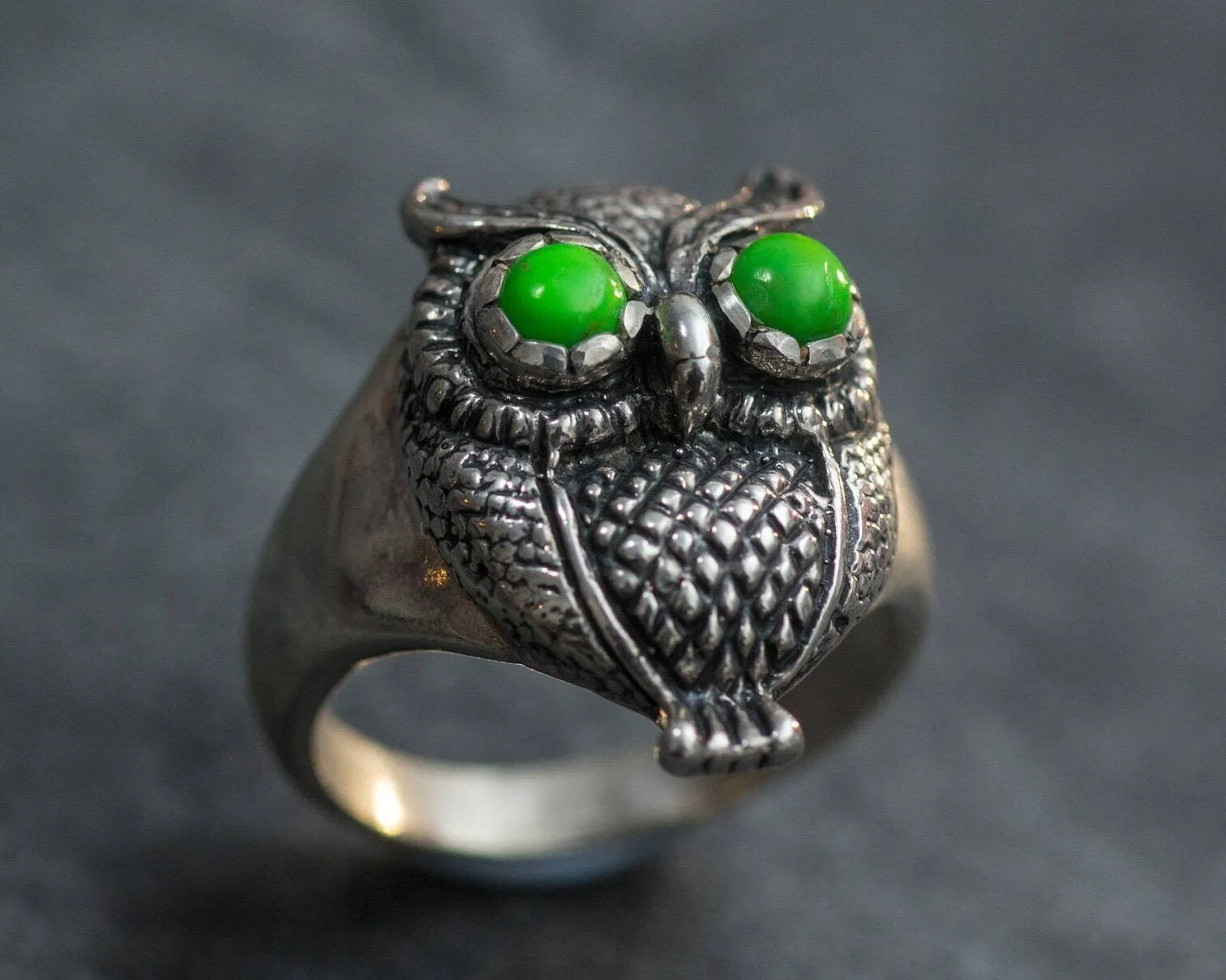 Green-Eyed Owl Ring - Genuine Turquoise Ring - Large Owl Ring