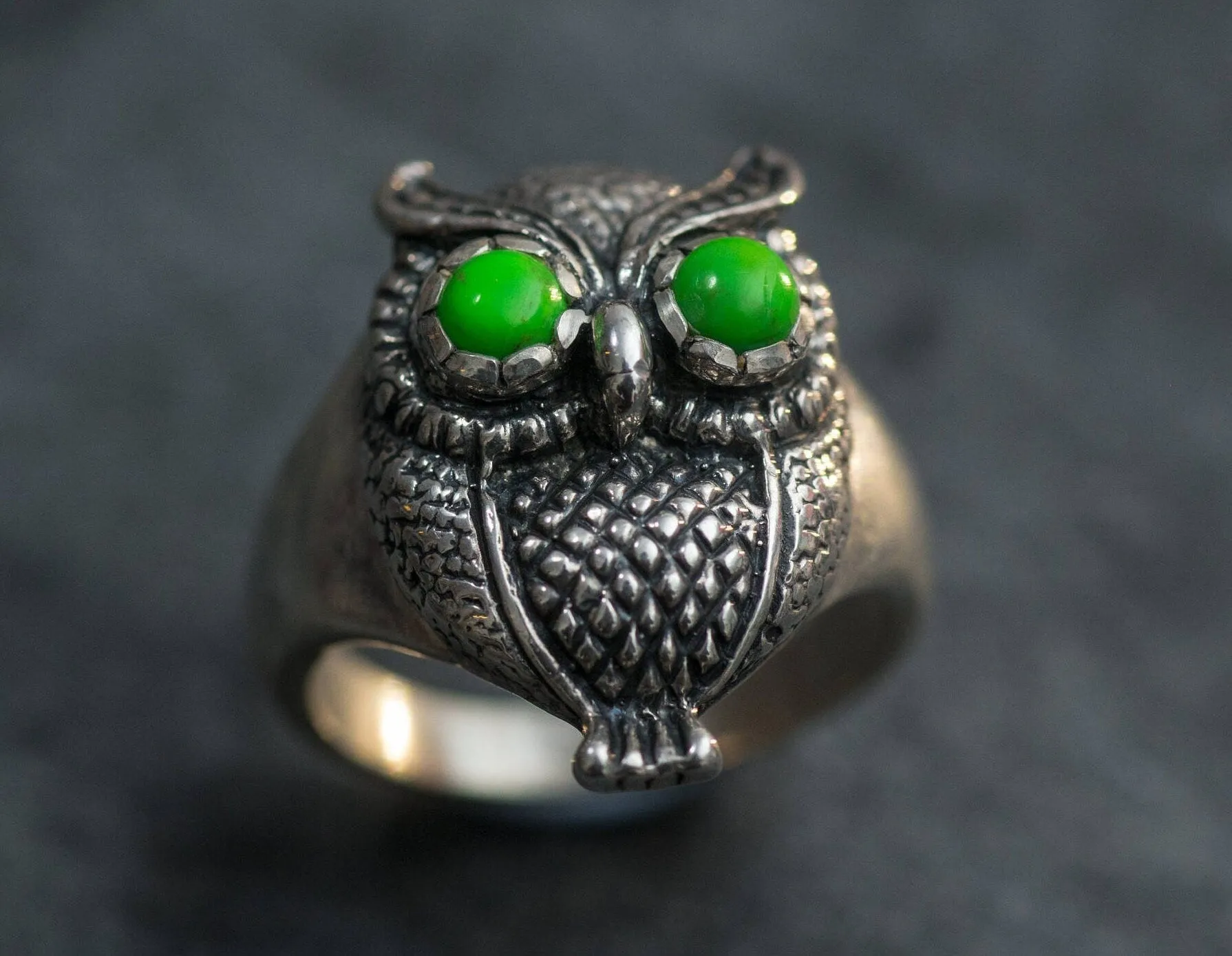 Green-Eyed Owl Ring - Genuine Turquoise Ring - Large Owl Ring