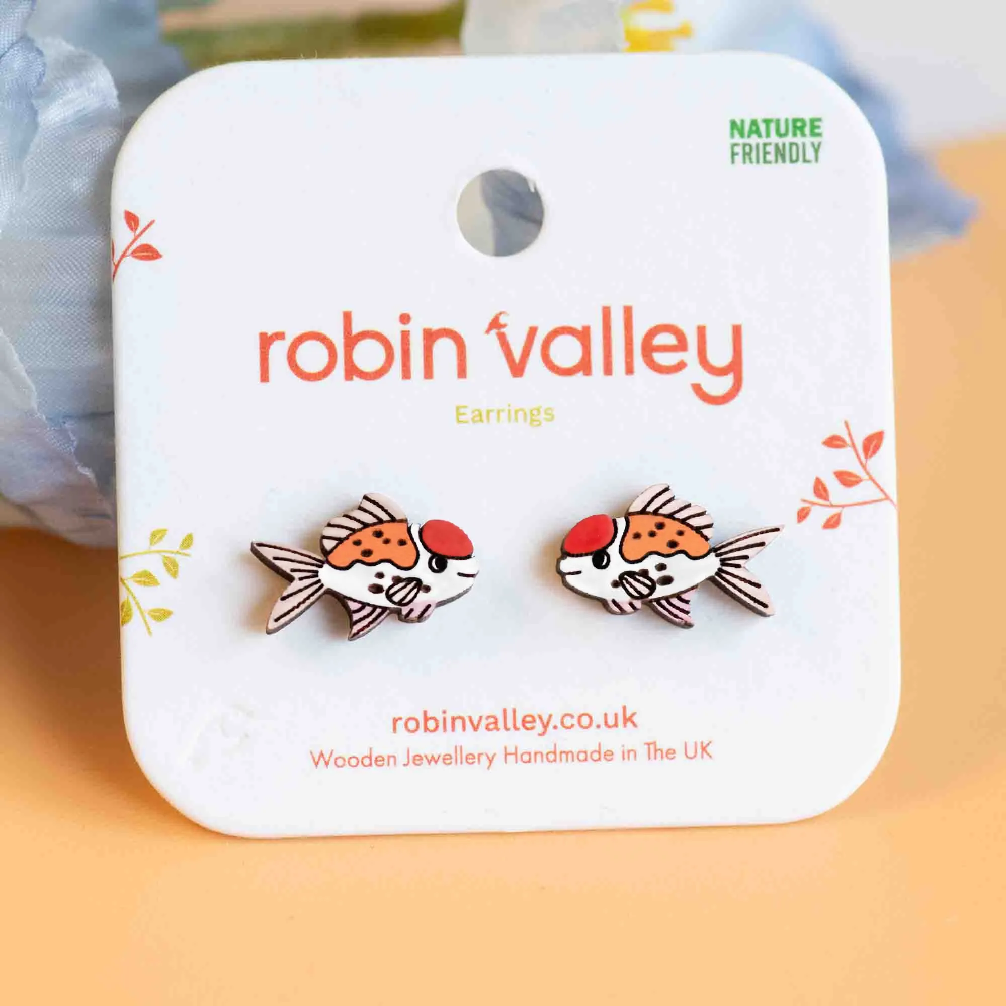 Hand-painted Oranda Goldfish Wooden Stud Earrings - PES13114