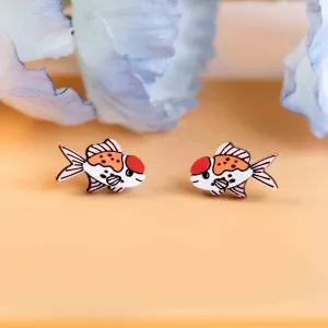 Hand-painted Oranda Goldfish Wooden Stud Earrings - PES13114