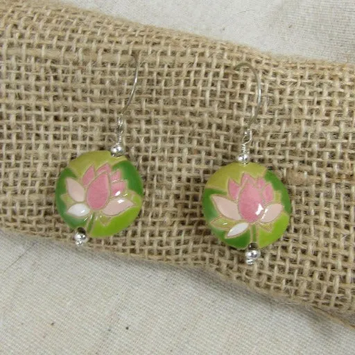 Handmade Pink & Green Lotus Blossom Flower Earrings