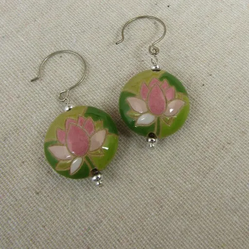 Handmade Pink & Green Lotus Blossom Flower Earrings