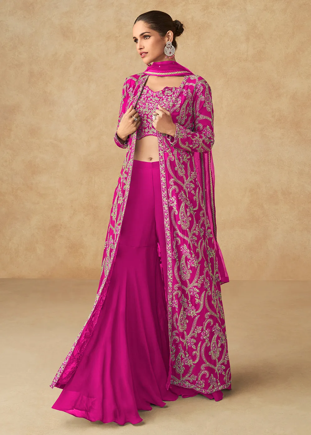 Hot Pink Embroidered Jacket Style Palazzo Suit