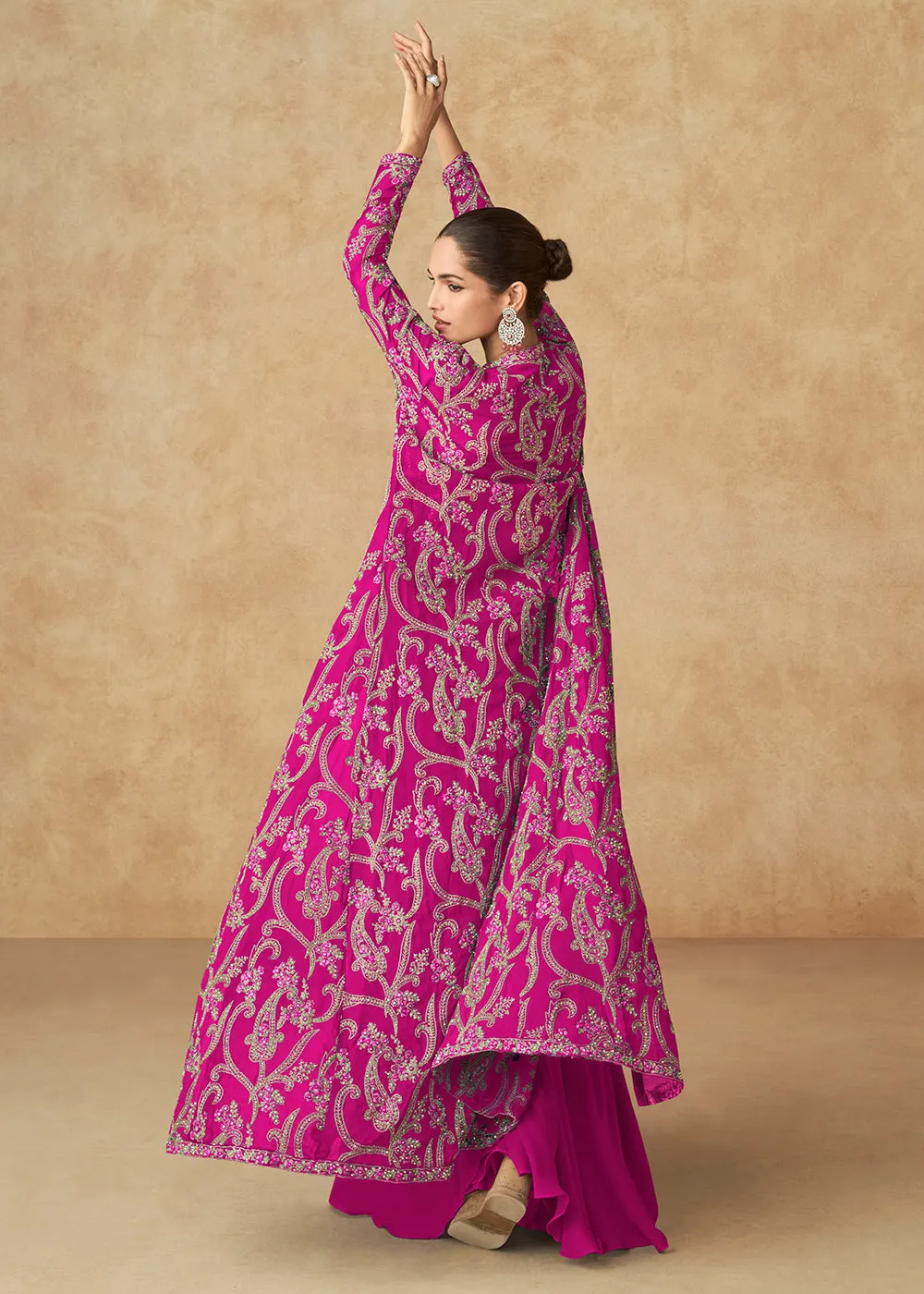 Hot Pink Embroidered Jacket Style Palazzo Suit