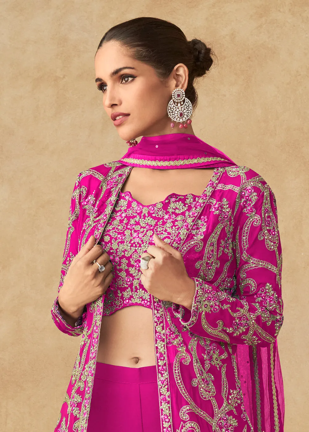 Hot Pink Embroidered Jacket Style Palazzo Suit