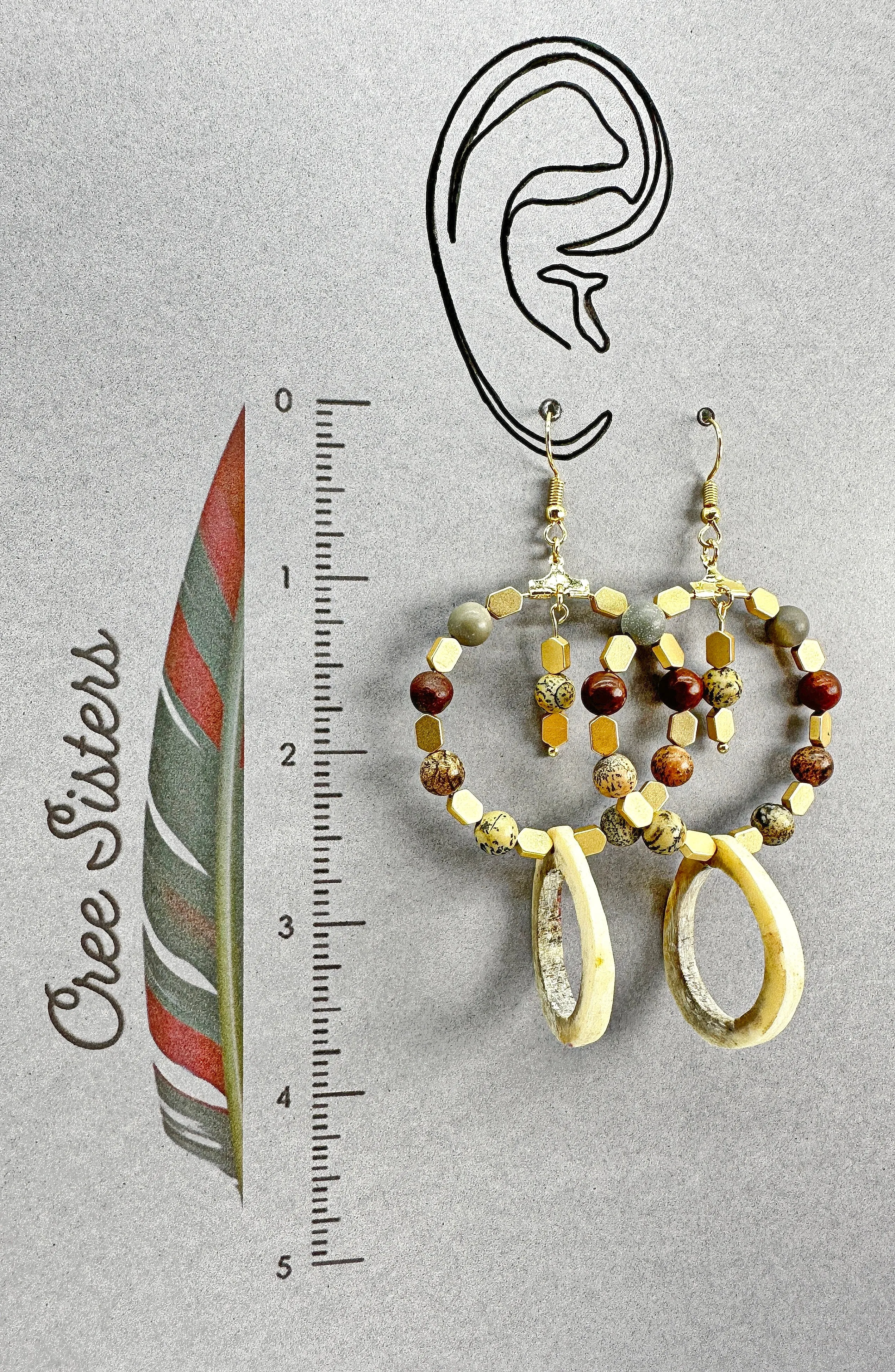 Indigenous Handcrafted Earrings - Beaded w/ Caribou Antler, Artistic Jasper, & Hematite