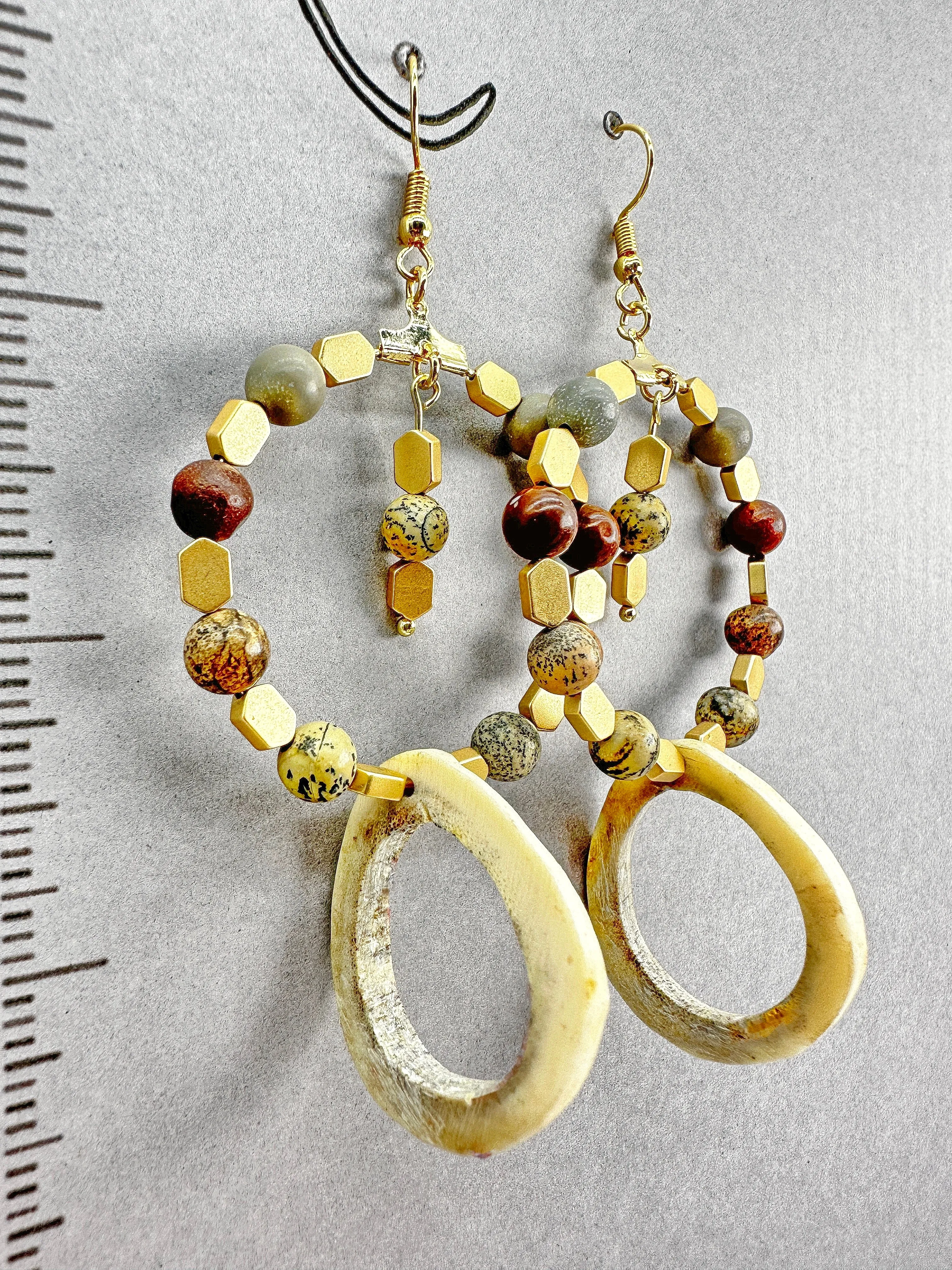 Indigenous Handcrafted Earrings - Beaded w/ Caribou Antler, Artistic Jasper, & Hematite