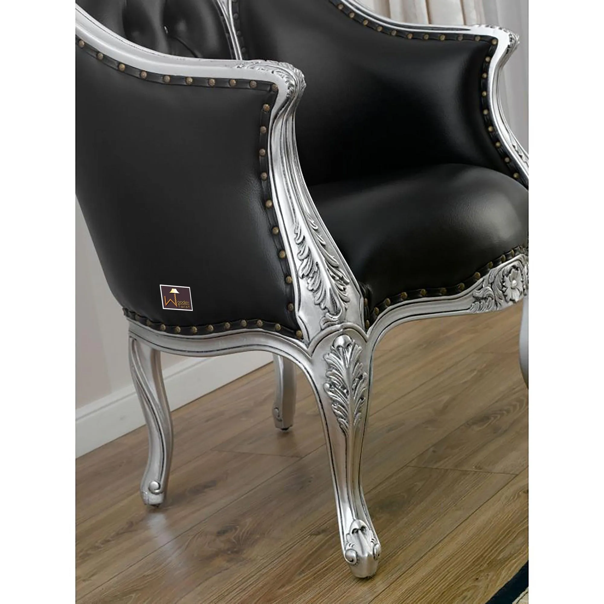 Italian Baroque Style Champagne Sofa Chair Silver leaf Finish (Black)