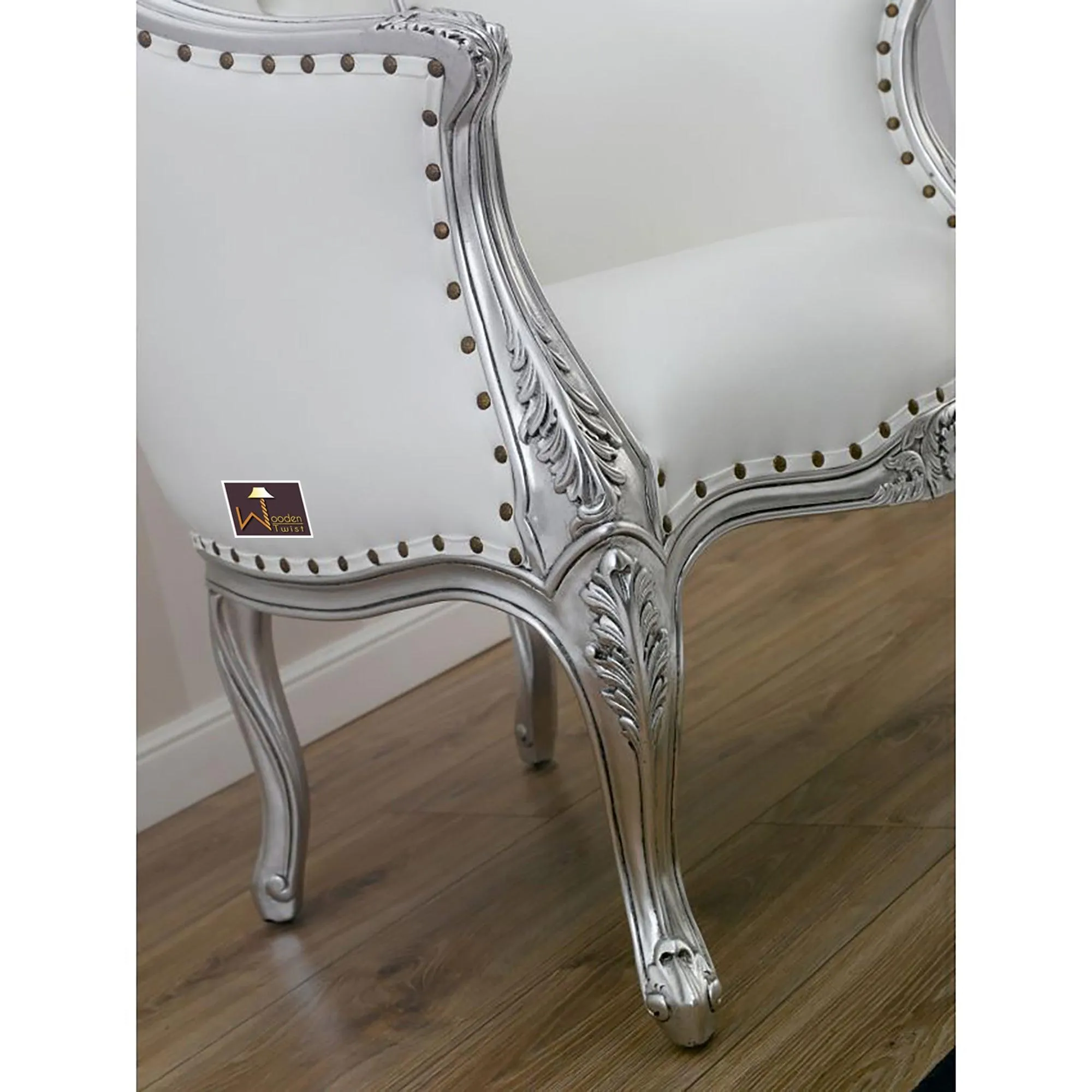 Italian Baroque Style Champagne Sofa Chair Silver leaf Finish (White)