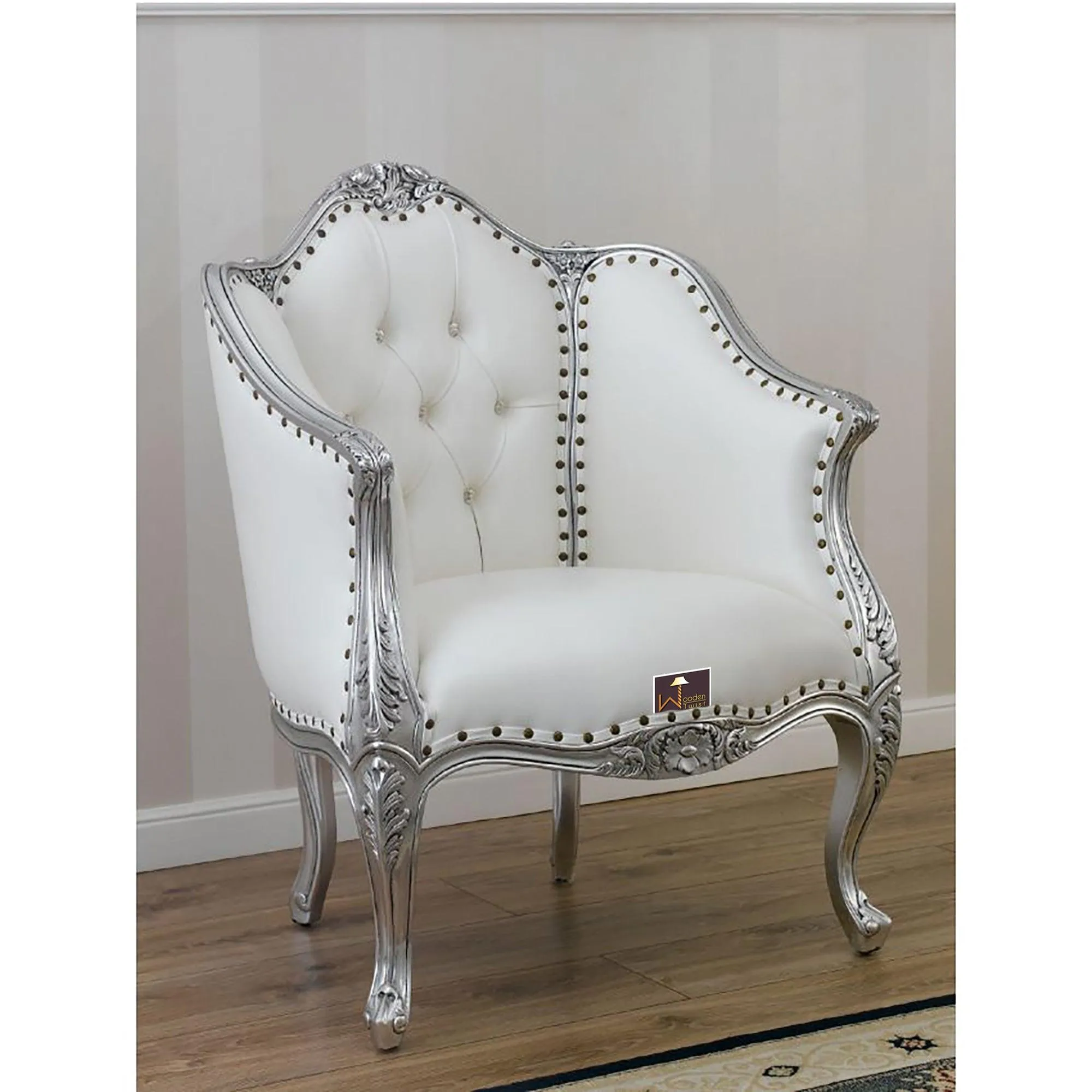 Italian Baroque Style Champagne Sofa Chair Silver leaf Finish (White)