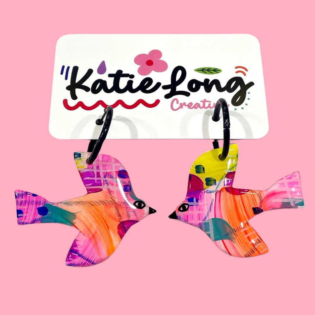 Katie Long Hoop Earrings - Birds